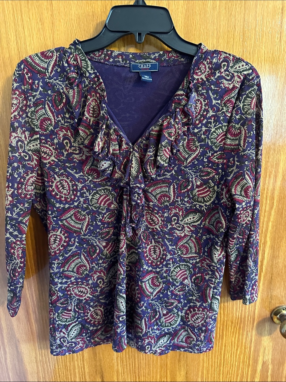Chaps Purple Paisley Tie-Front Long Sleeve Top